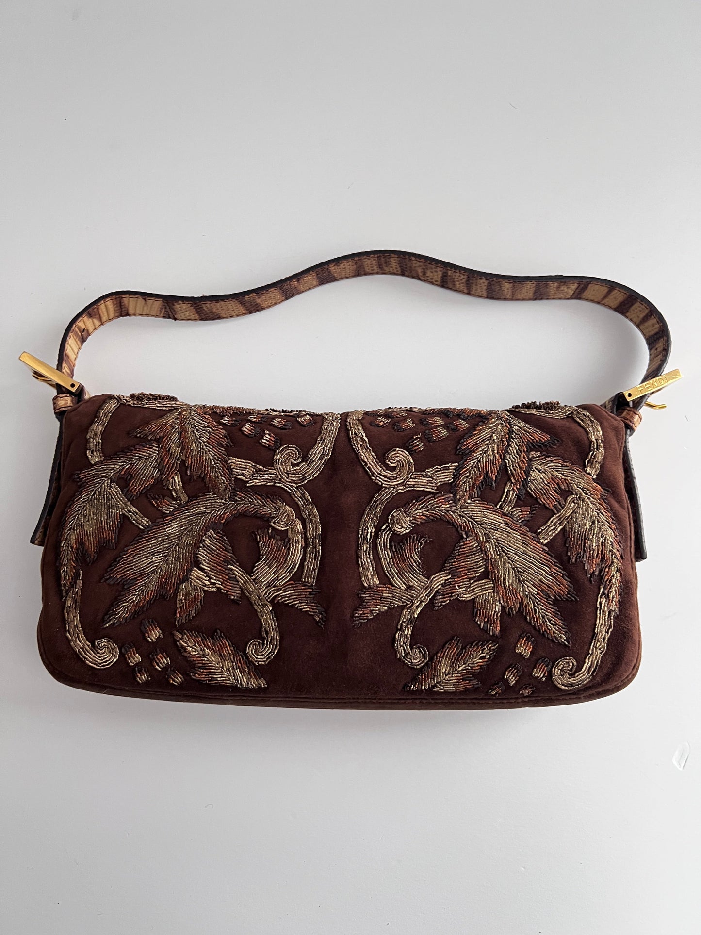Fendi embroidered brown suede baguette