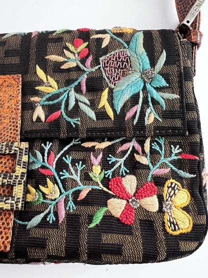 Vintage Fendi embroidered lizard skin trimmed zucca baguette