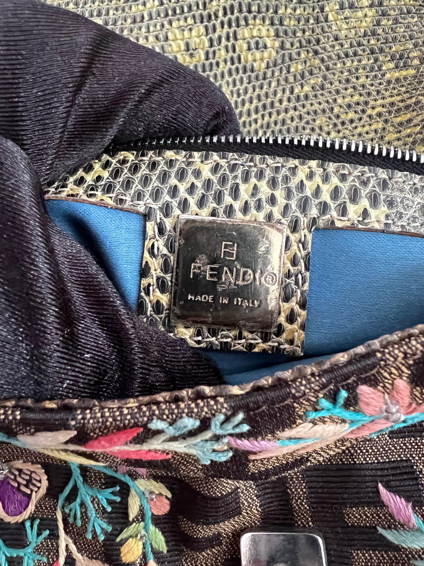 Vintage Fendi embroidered lizard skin trimmed zucca baguette