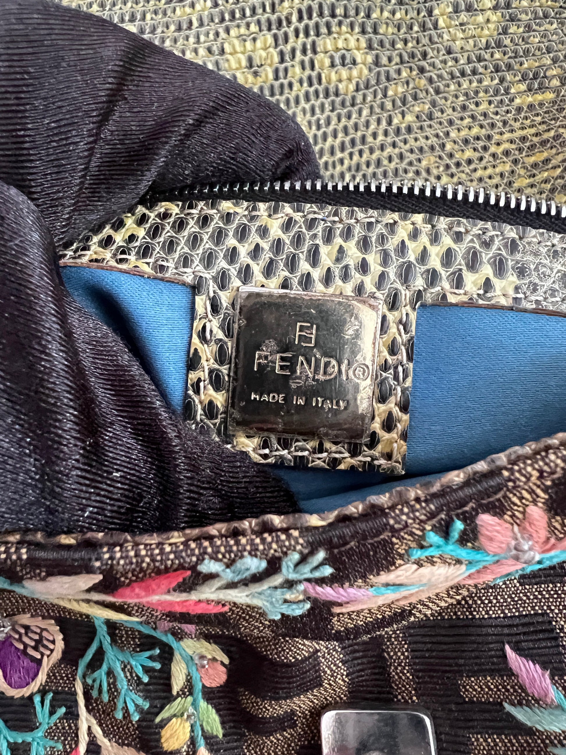 Vintage Fendi embroidered lizard skin trimmed zucca baguette