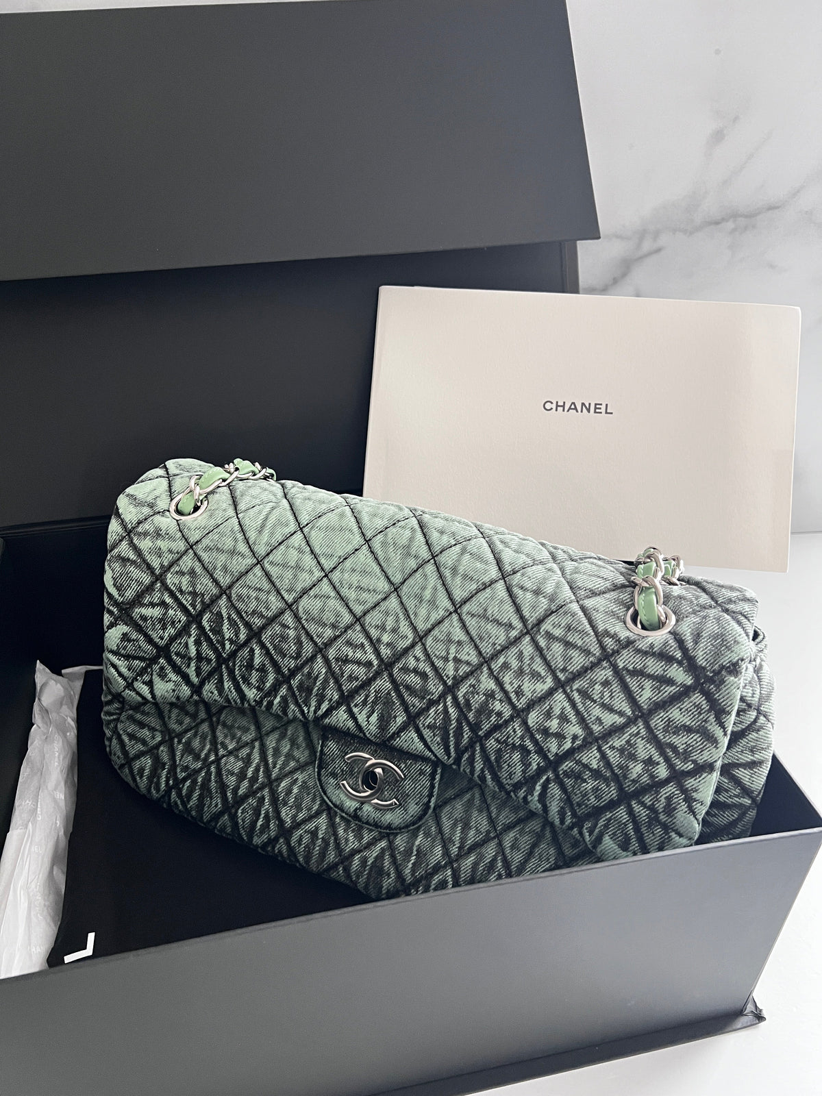 Chanel NWOT! Chanel Denimprassion Flap Bag Quilted distressed denim XL green