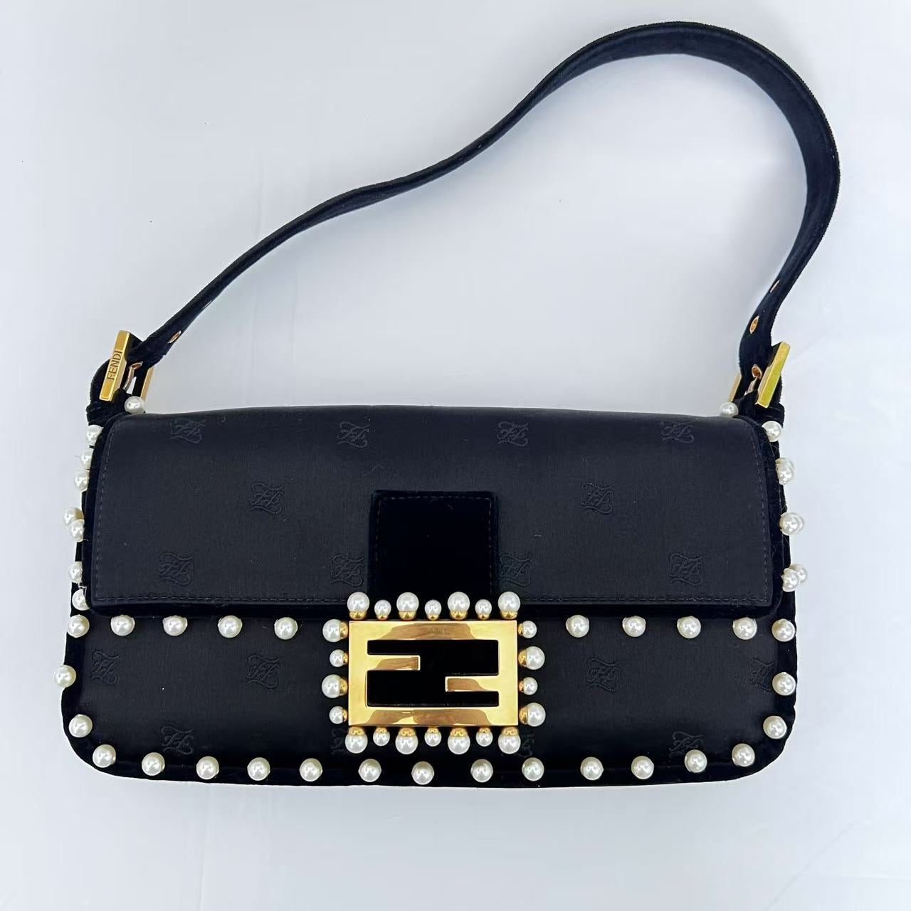 Fendi black satin pearl velvet baguette shoulder bag