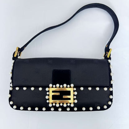 Fendi black satin pearl velvet baguette shoulder bag