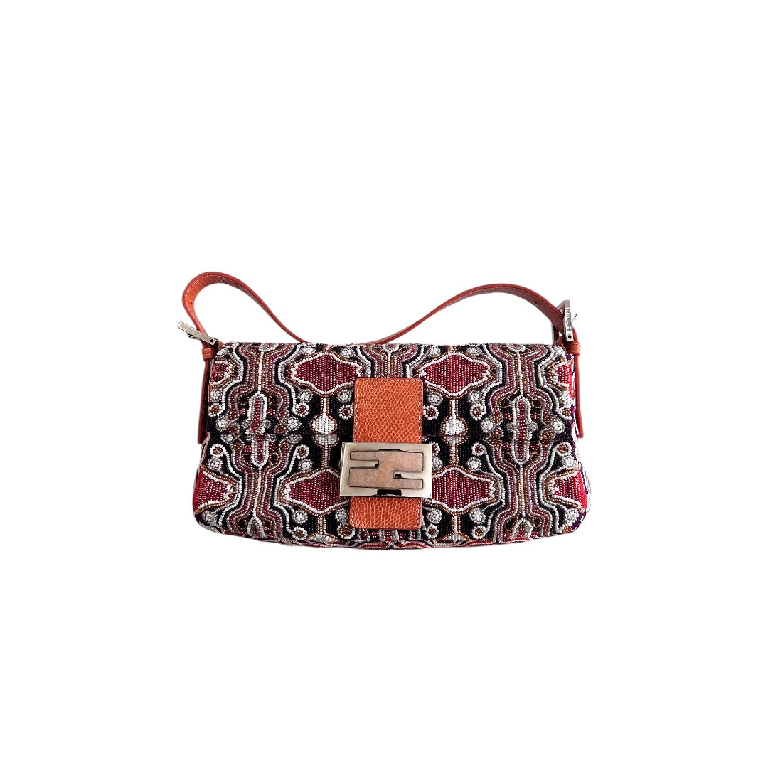 Fendi orange beaded embroidered baguette