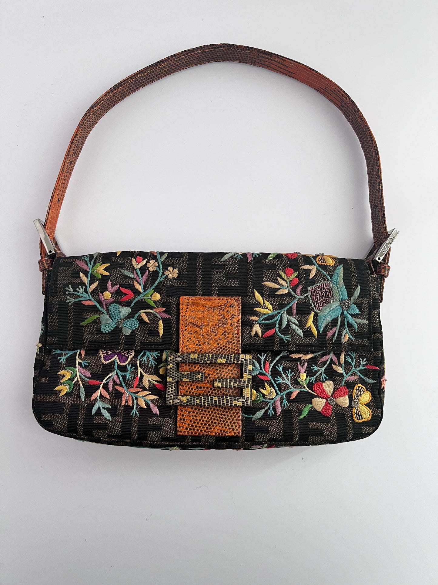 Vintage Fendi embroidered lizard skin trimmed zucca baguette