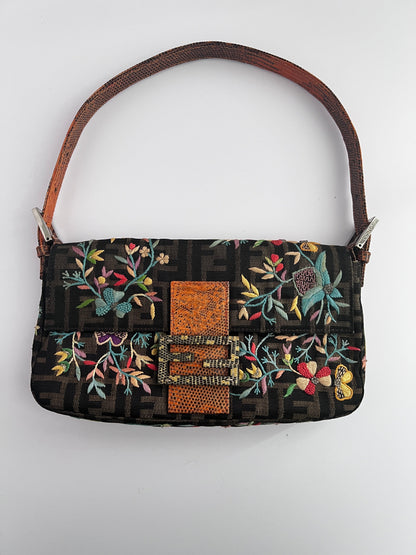Vintage Fendi embroidered lizard skin trimmed zucca baguette