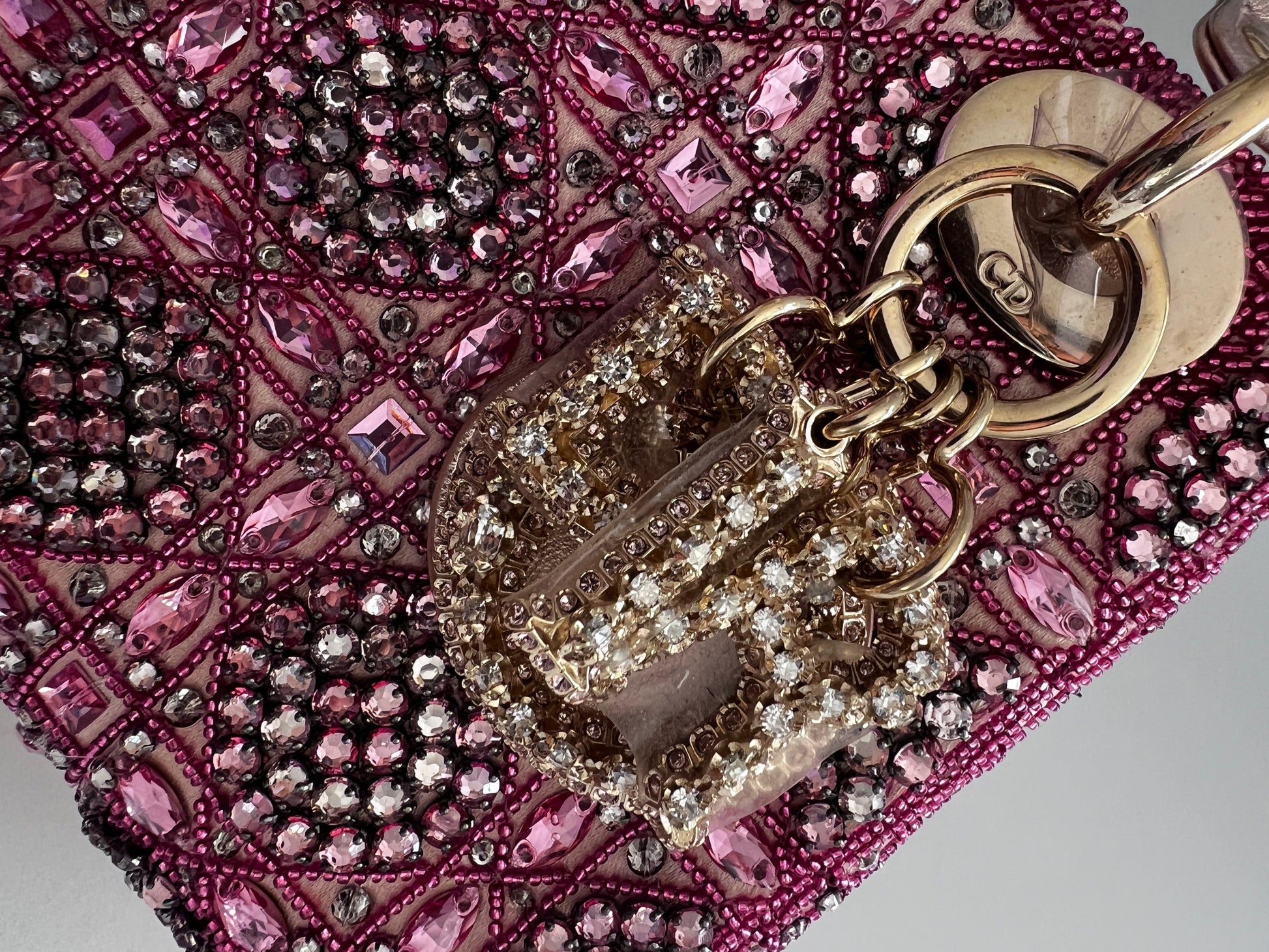 Pre-loved Mini Lady Dior Bag Metallic Lambskin and Rose des Vents Satin Embroidered with Beads