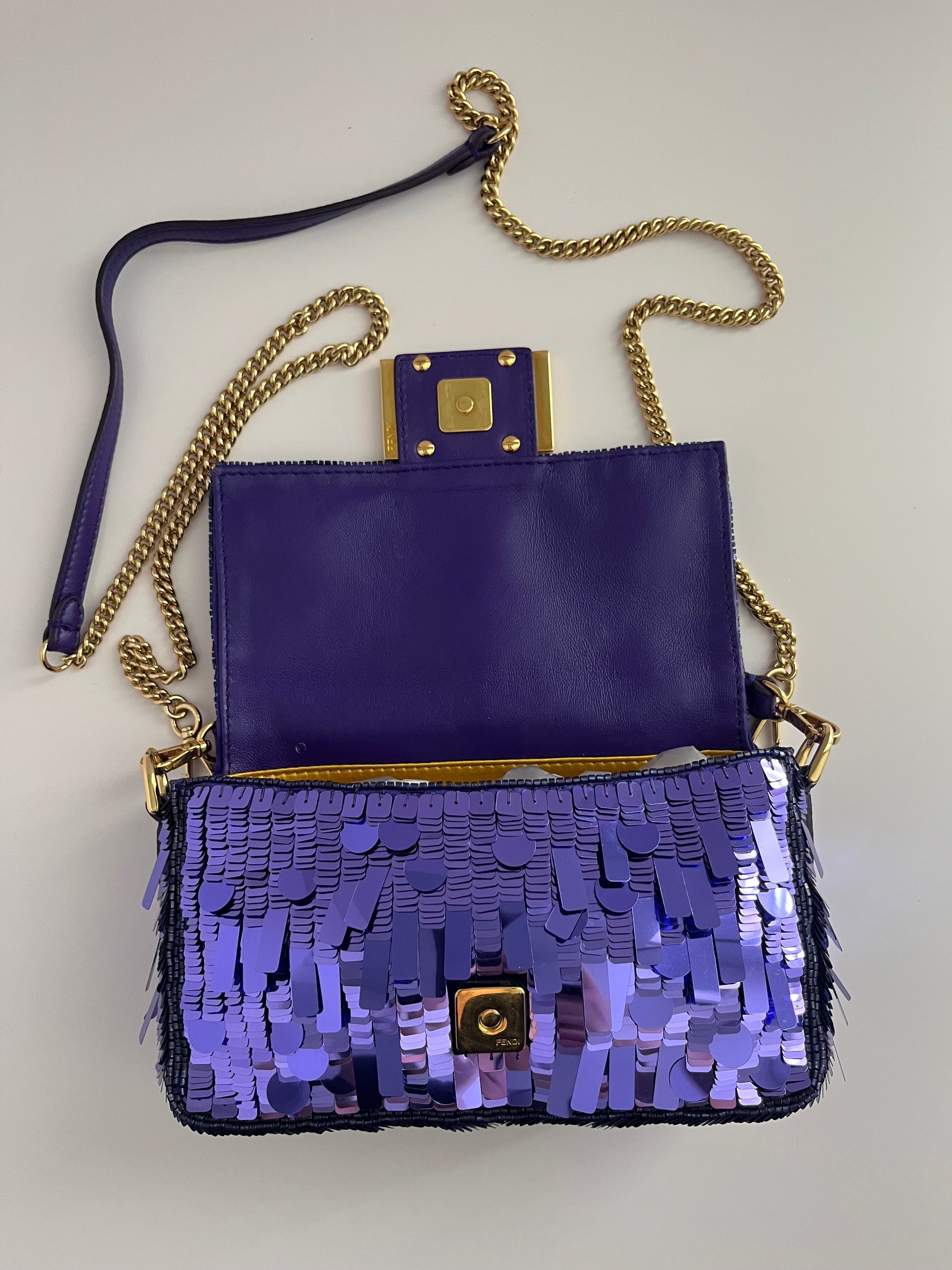 Fendi baguette mini purple sequin gold hardware shoulder bag
