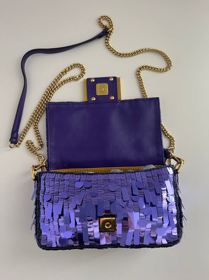 Fendi baguette mini purple sequin gold hardware shoulder bag