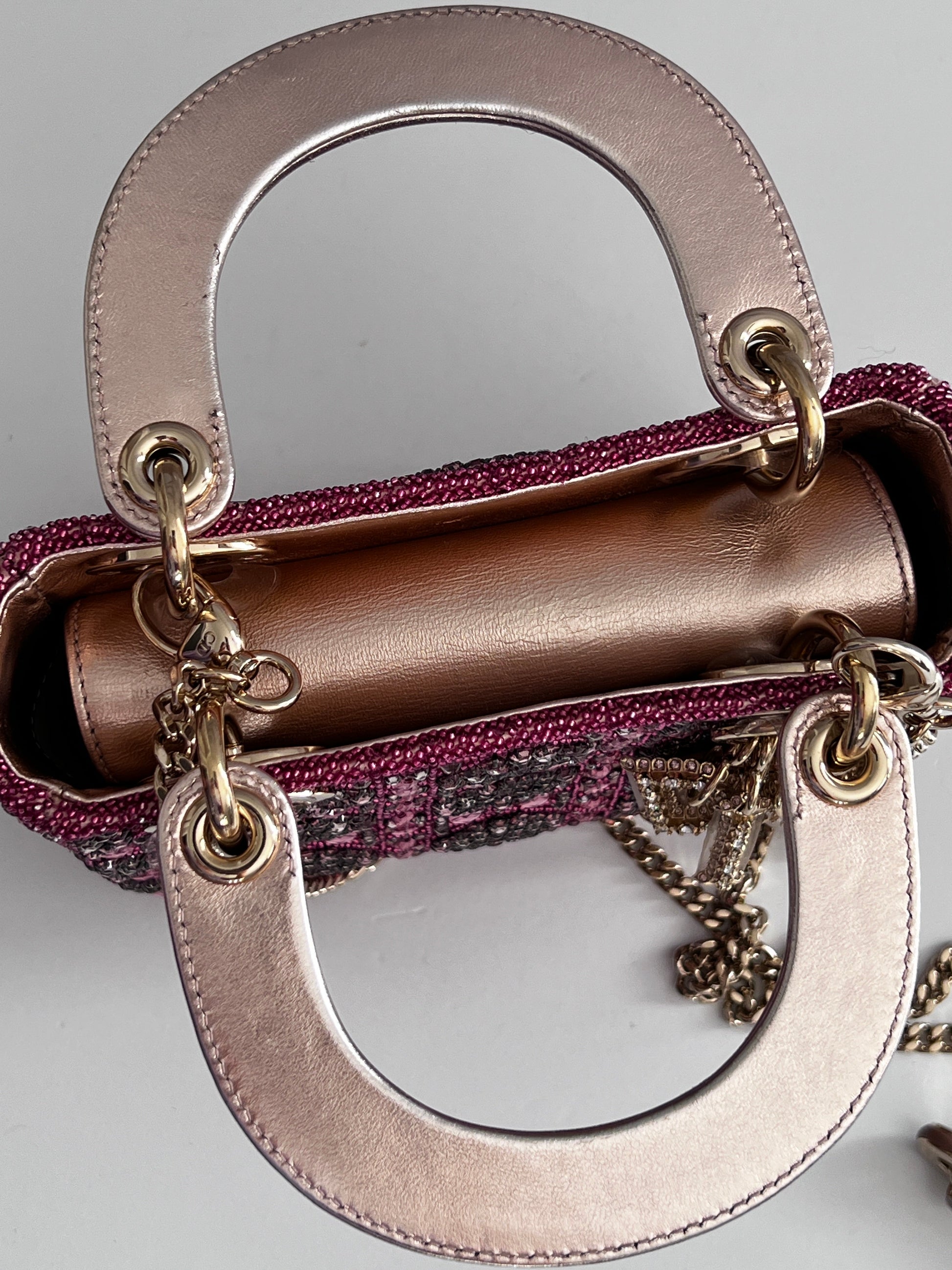 Pre-loved Mini Lady Dior Bag Metallic Lambskin and Rose des Vents Satin Embroidered with Beads