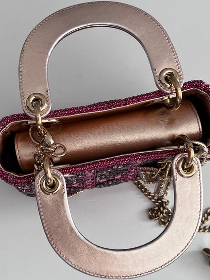 Pre-loved Mini Lady Dior Bag Metallic Lambskin and Rose des Vents Satin Embroidered with Beads