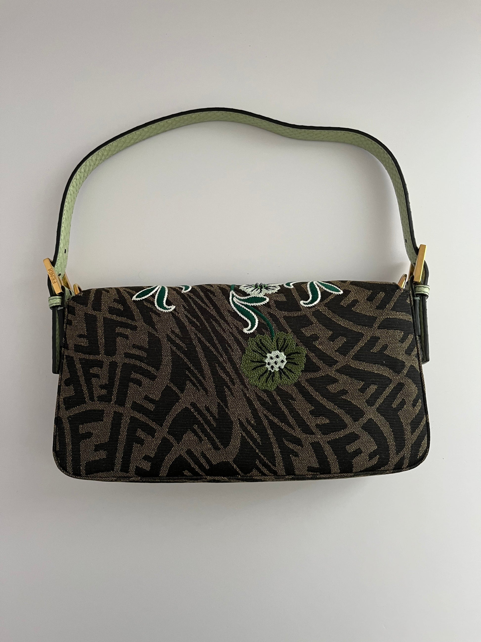 Fendi baguette FF embroidery gold hardware shoulder bag