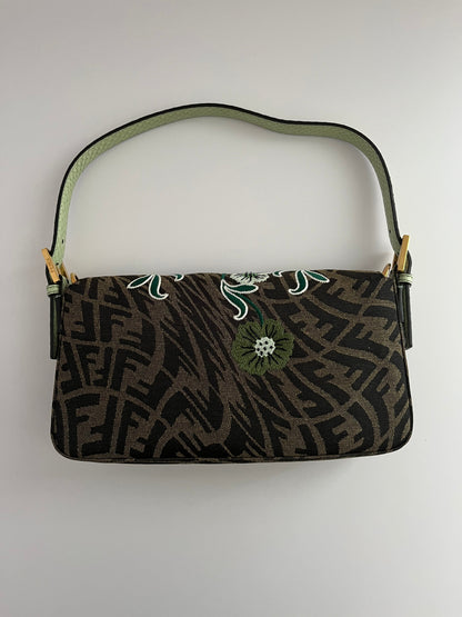 Fendi baguette FF embroidery gold hardware shoulder bag