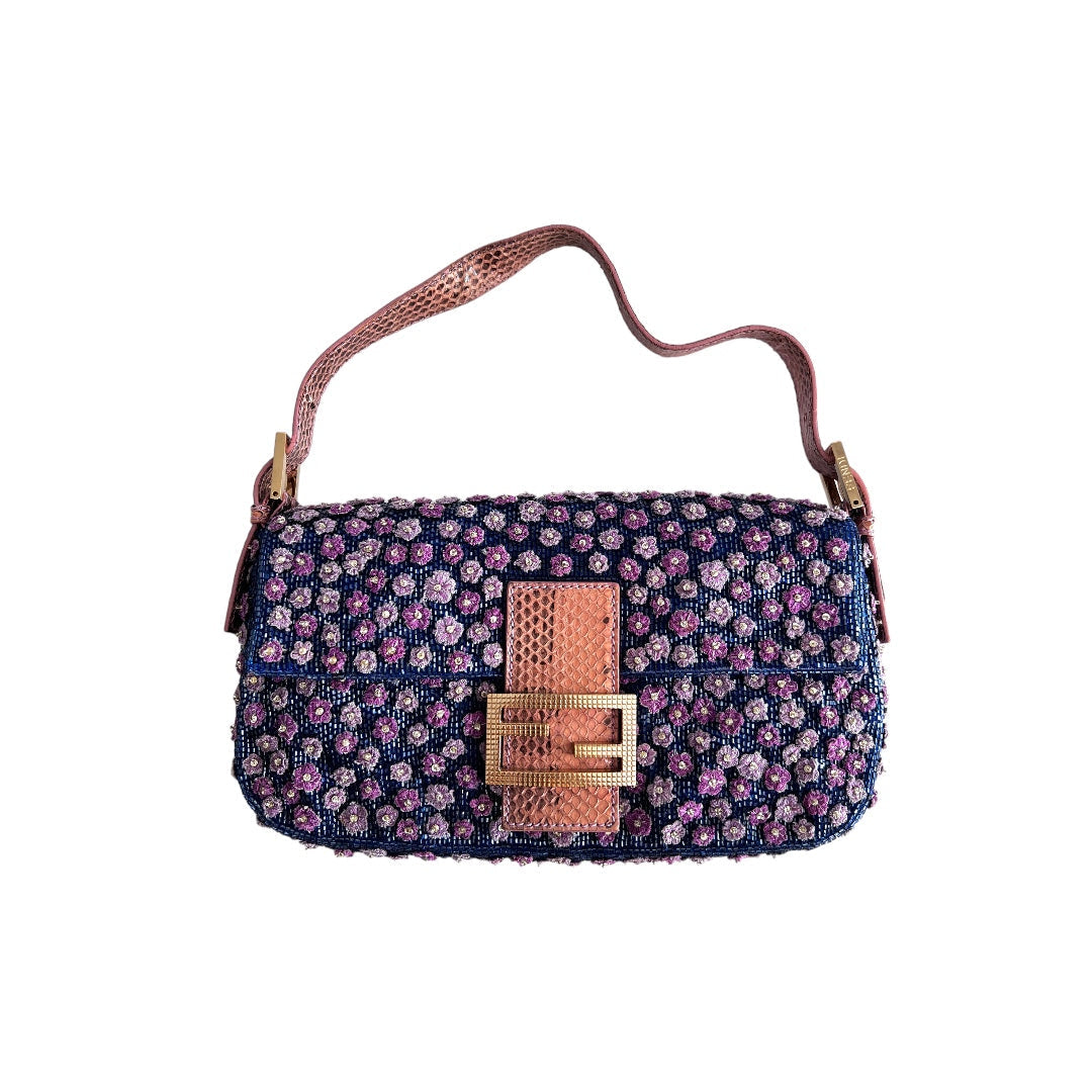 Fendi Fendi blue beaded with purple flowers rhinestone baguette