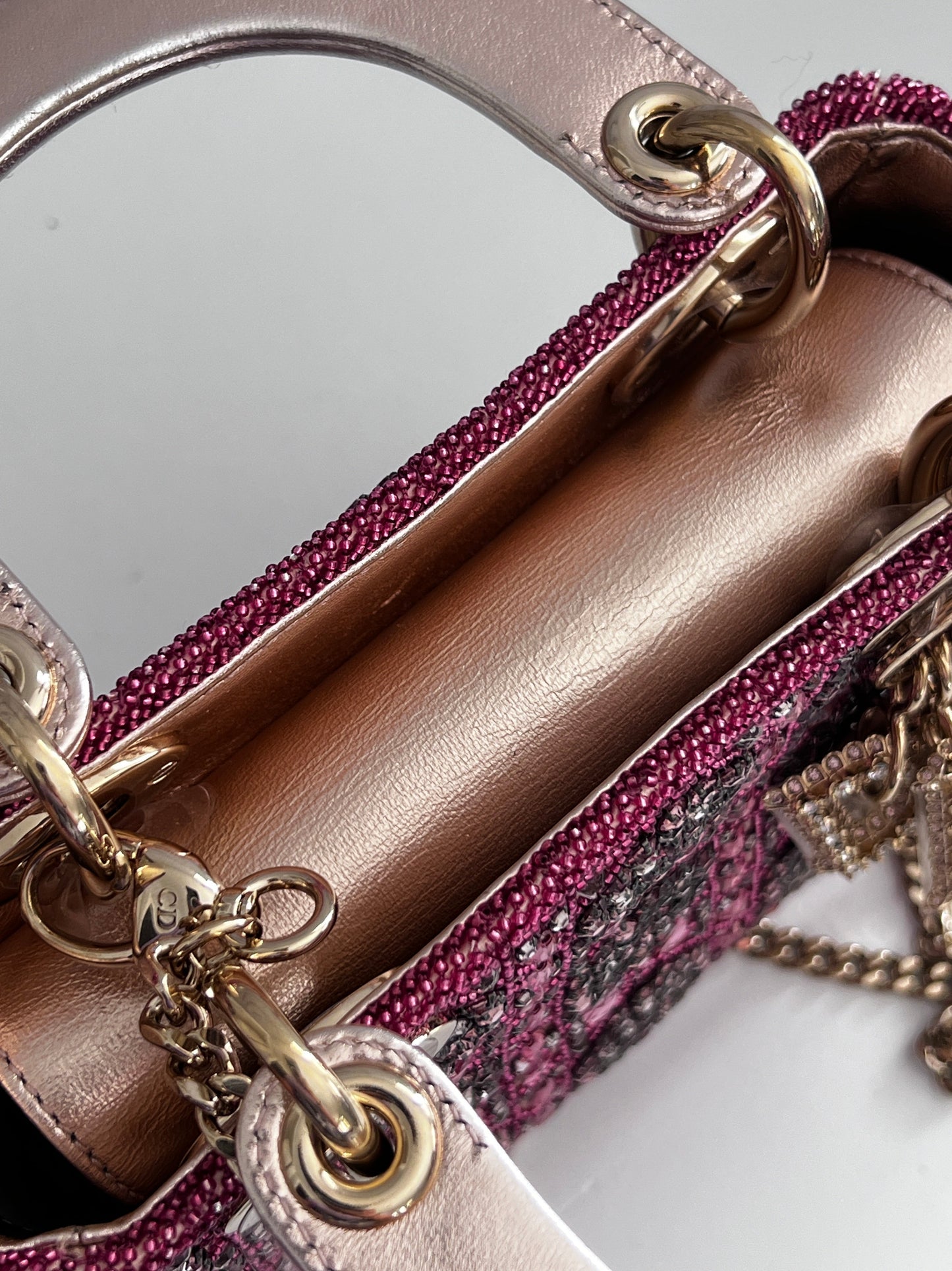 Pre-loved Mini Lady Dior Bag Metallic Lambskin and Rose des Vents Satin Embroidered with Beads