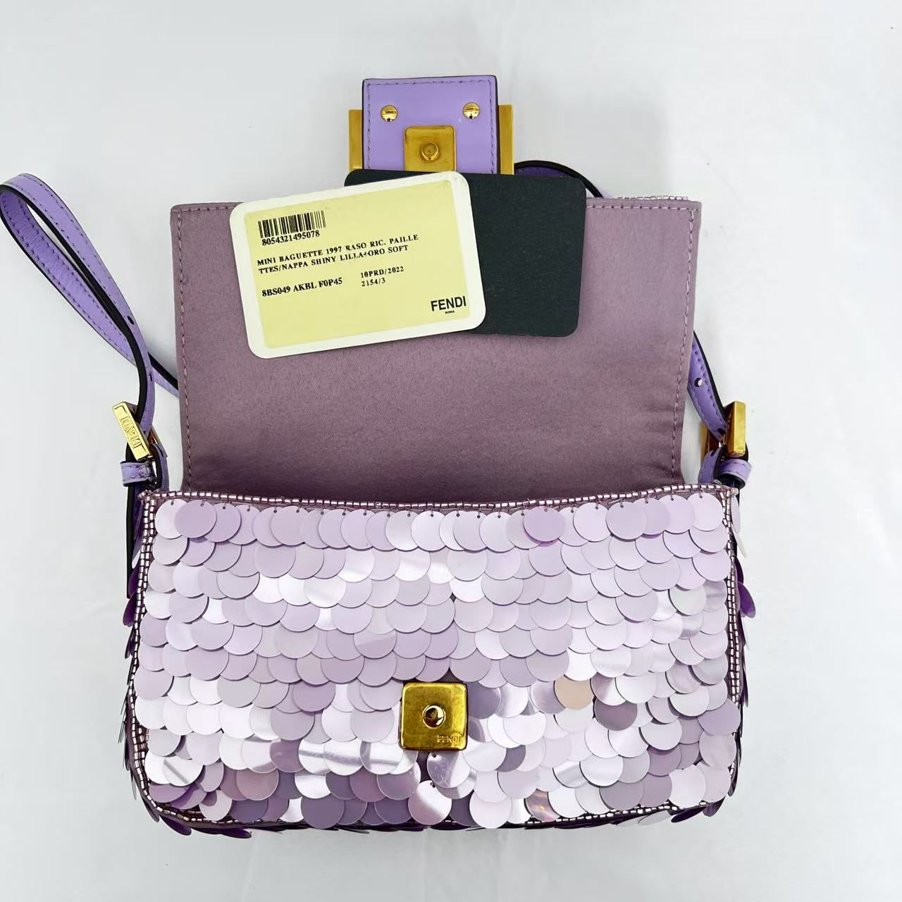 Fendi baguette mini purple sequin gold hardware shoulder bag