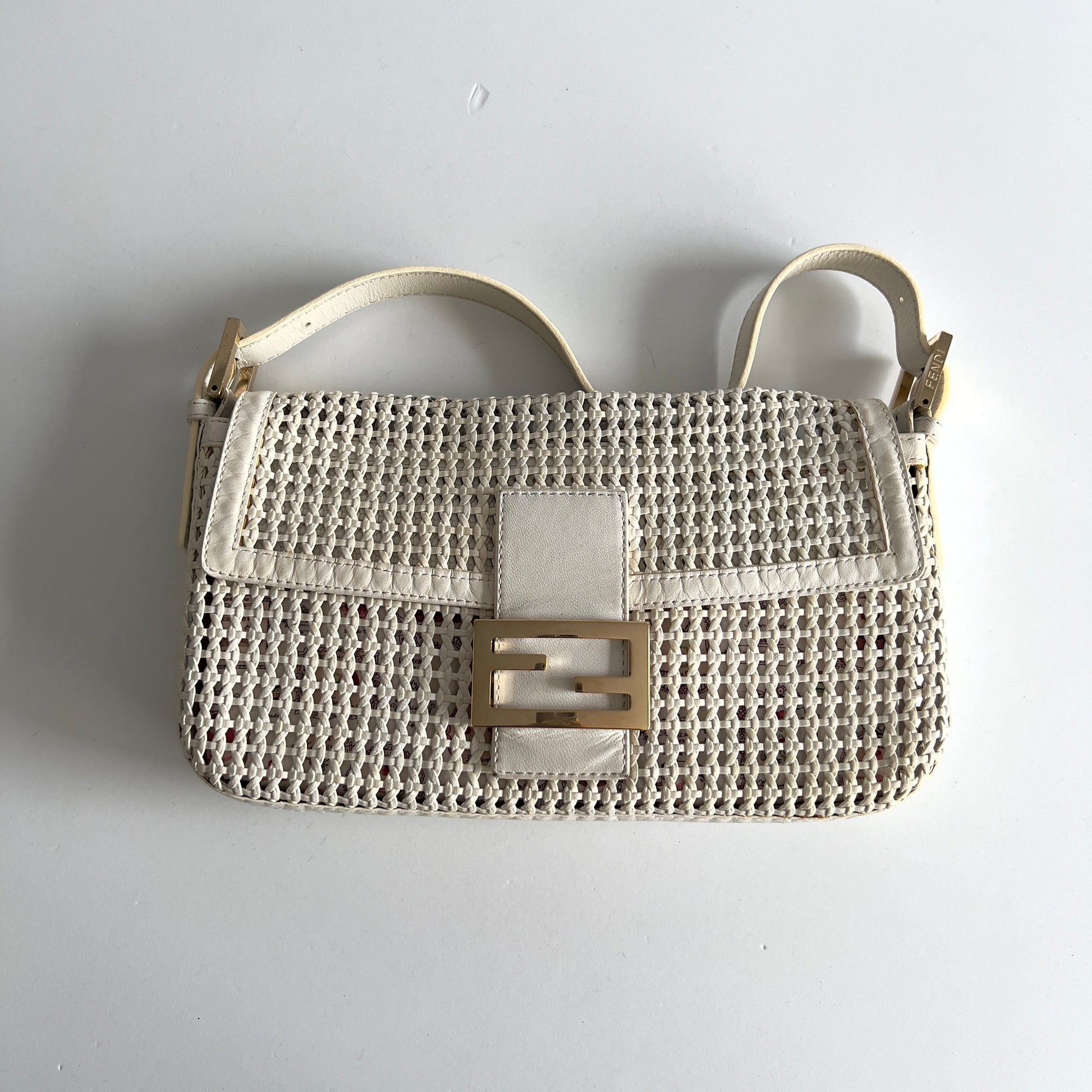 Vintage Fendi Offwhite Woven Leather Baguette