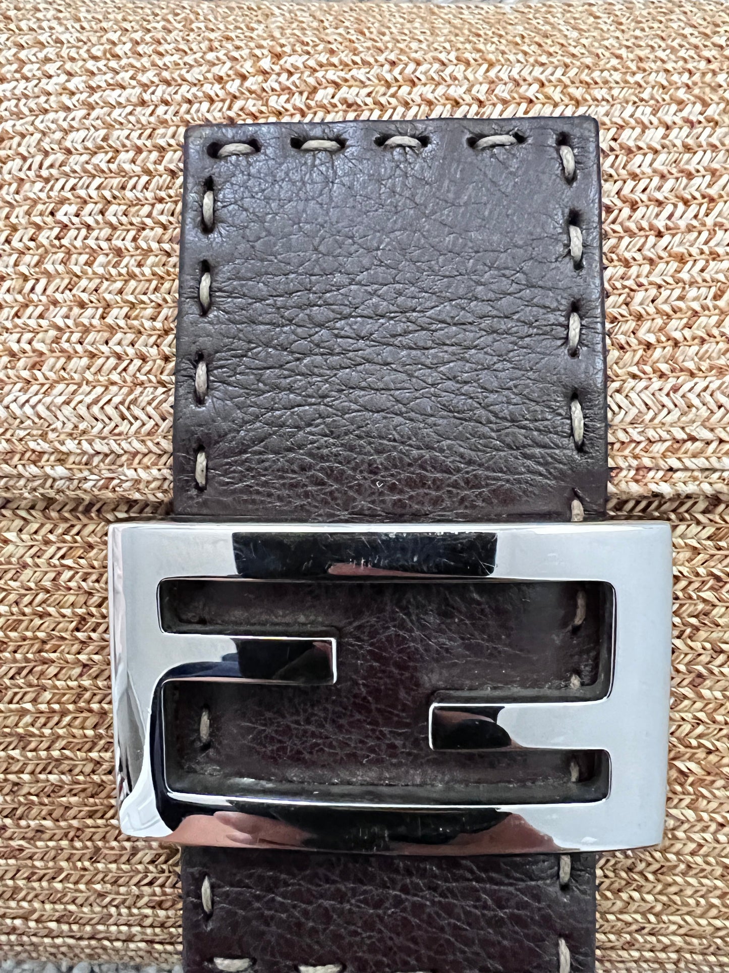 Fendi Vintage raffia leather trimmed selleria baguette