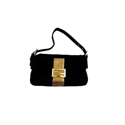 Fendi Black Velvet Gold tassels baguette