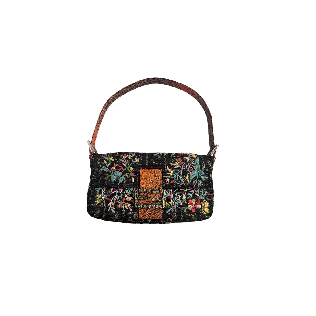 Fendi Vintage Fendi embroidered lizard skin trimmed zucca baguette