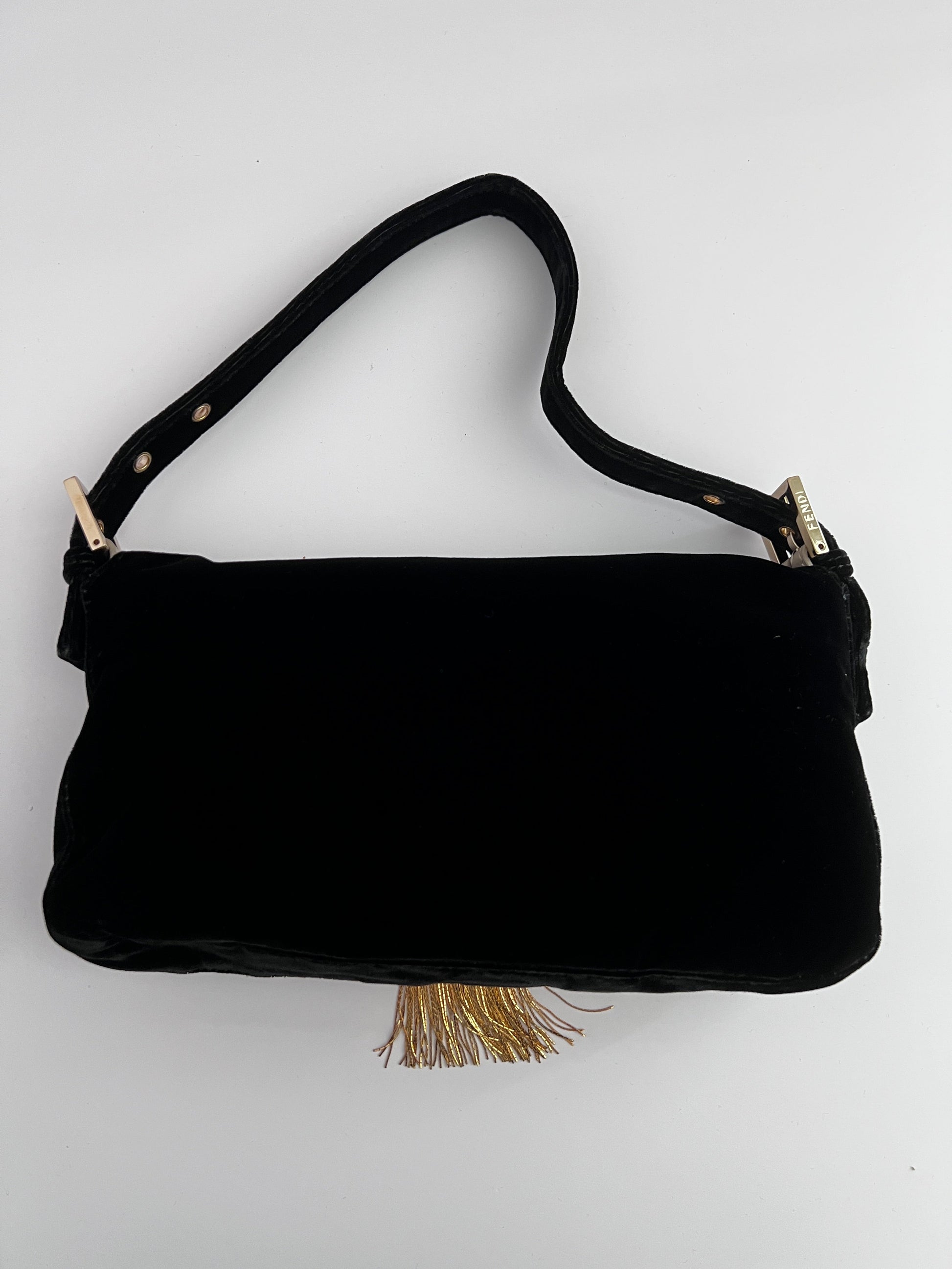 Fendi Black Velvet Gold tassels baguette