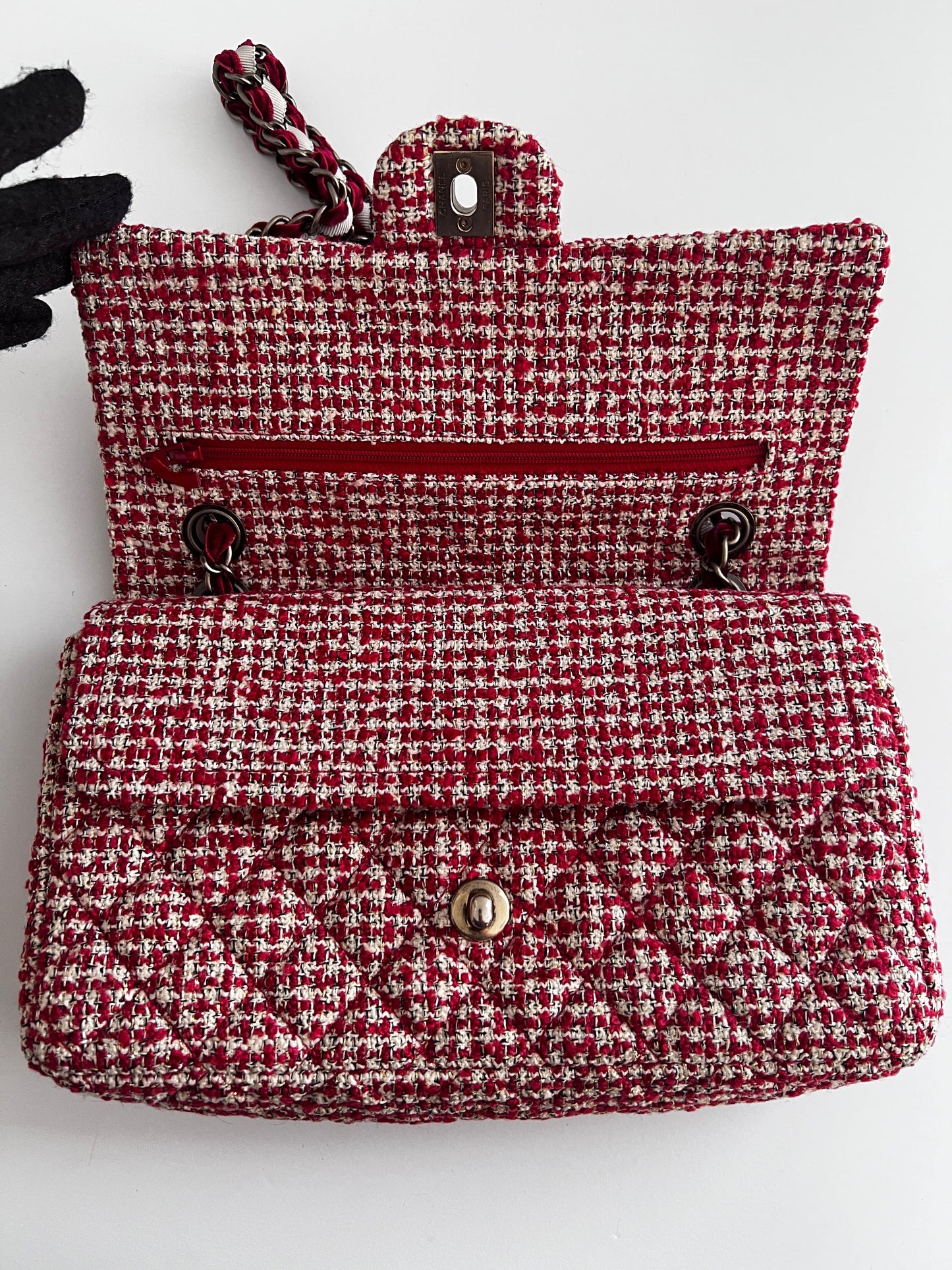 Chanel red velvet chain double flap tweed bag