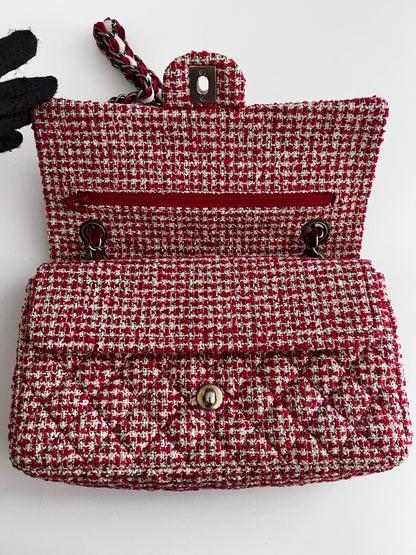 Chanel red velvet chain double flap tweed bag
