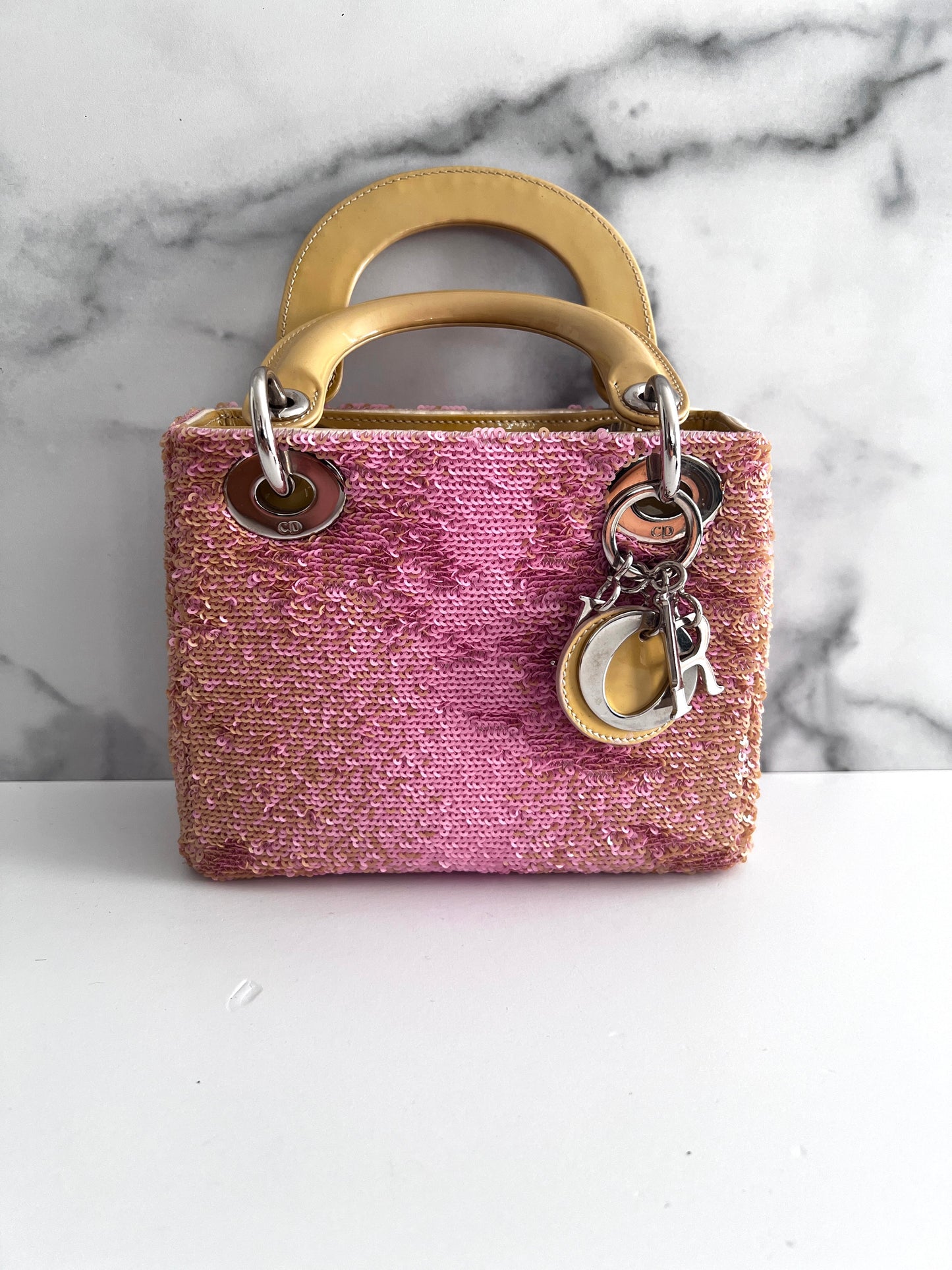 Dior pink sequin mini lady dior bag