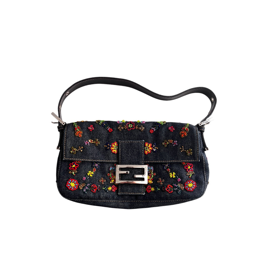 Fendi Fendi Floral Beaded Embroidered Denim Baguette