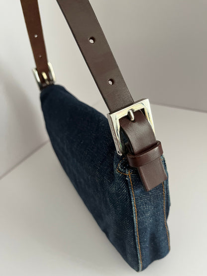 Fendi baguette blue jeans leather silver hardware shoulder bag