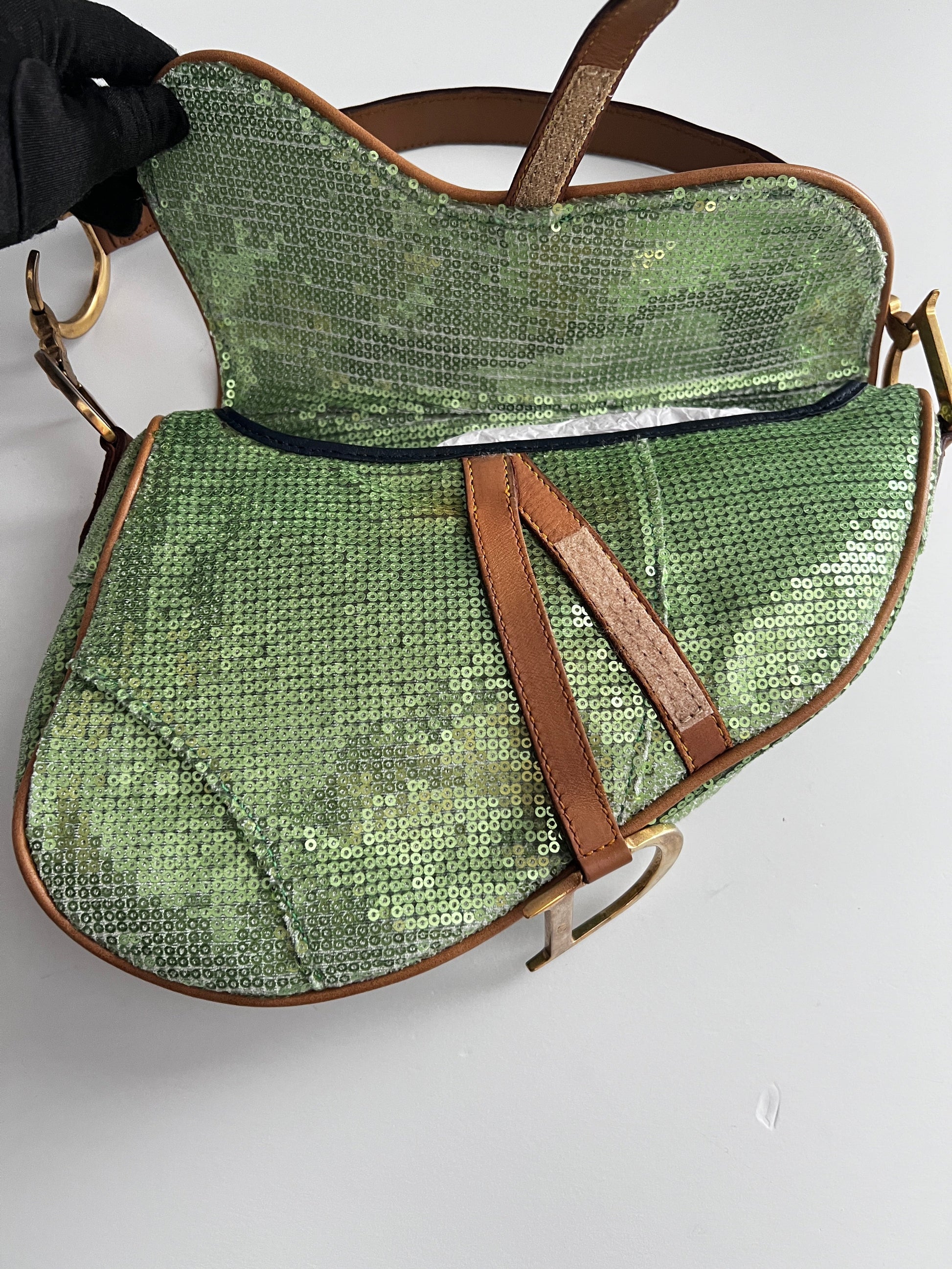 Dior green sequin saddle bag