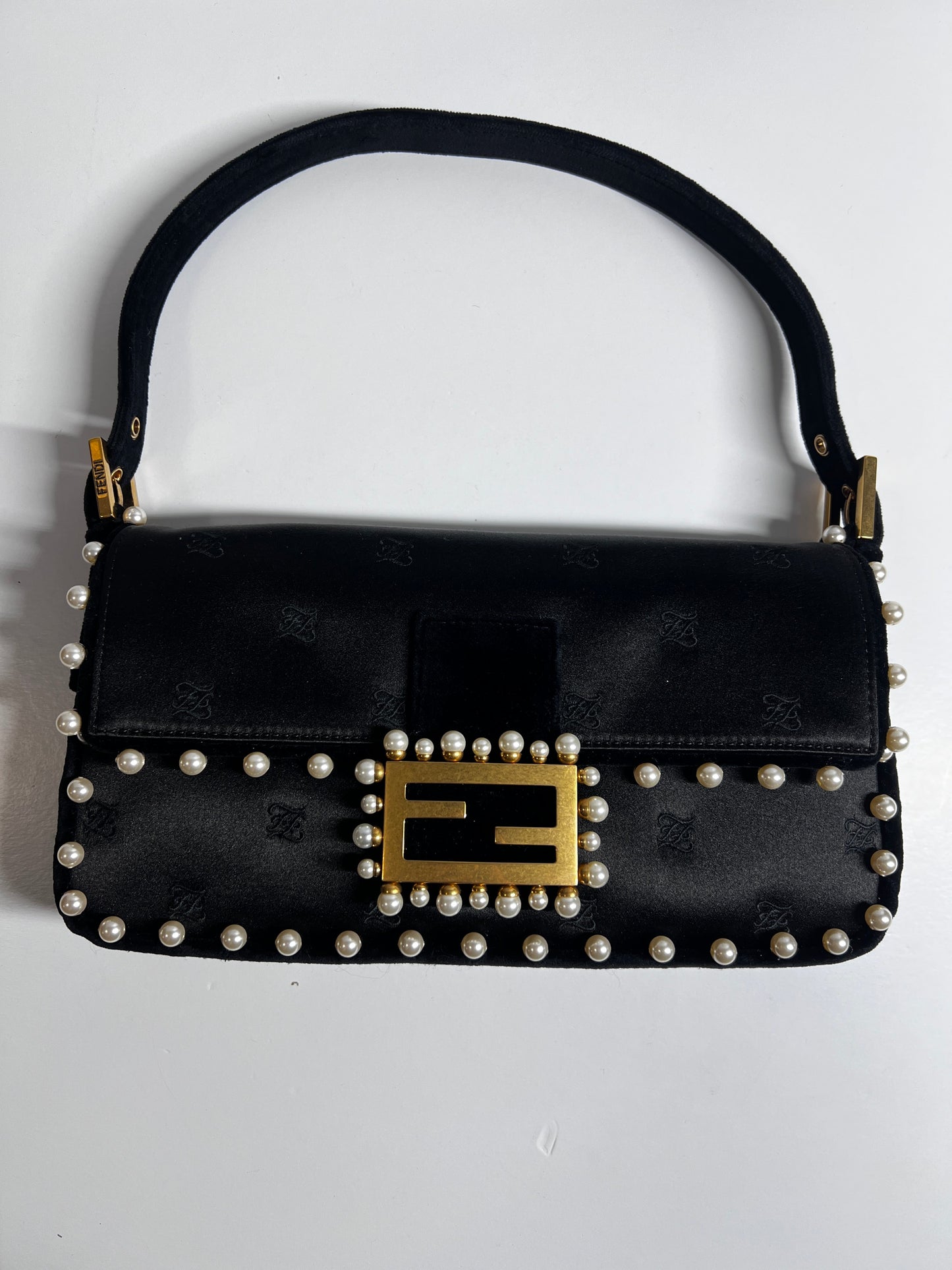 Fendi 15th anniversary satin pearl velvet baguette