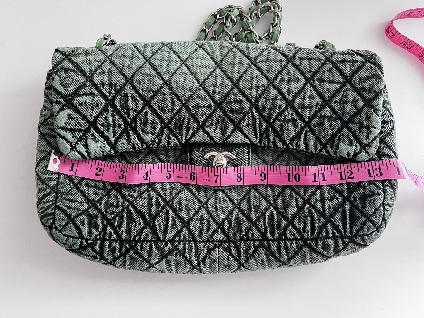 NWOT! Chanel Denimprassion Flap Bag Quilted distressed denim XL green