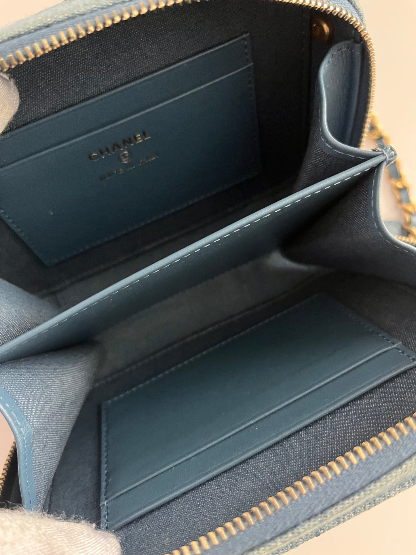 Chanel blue denim gold ball camera shoulder bag