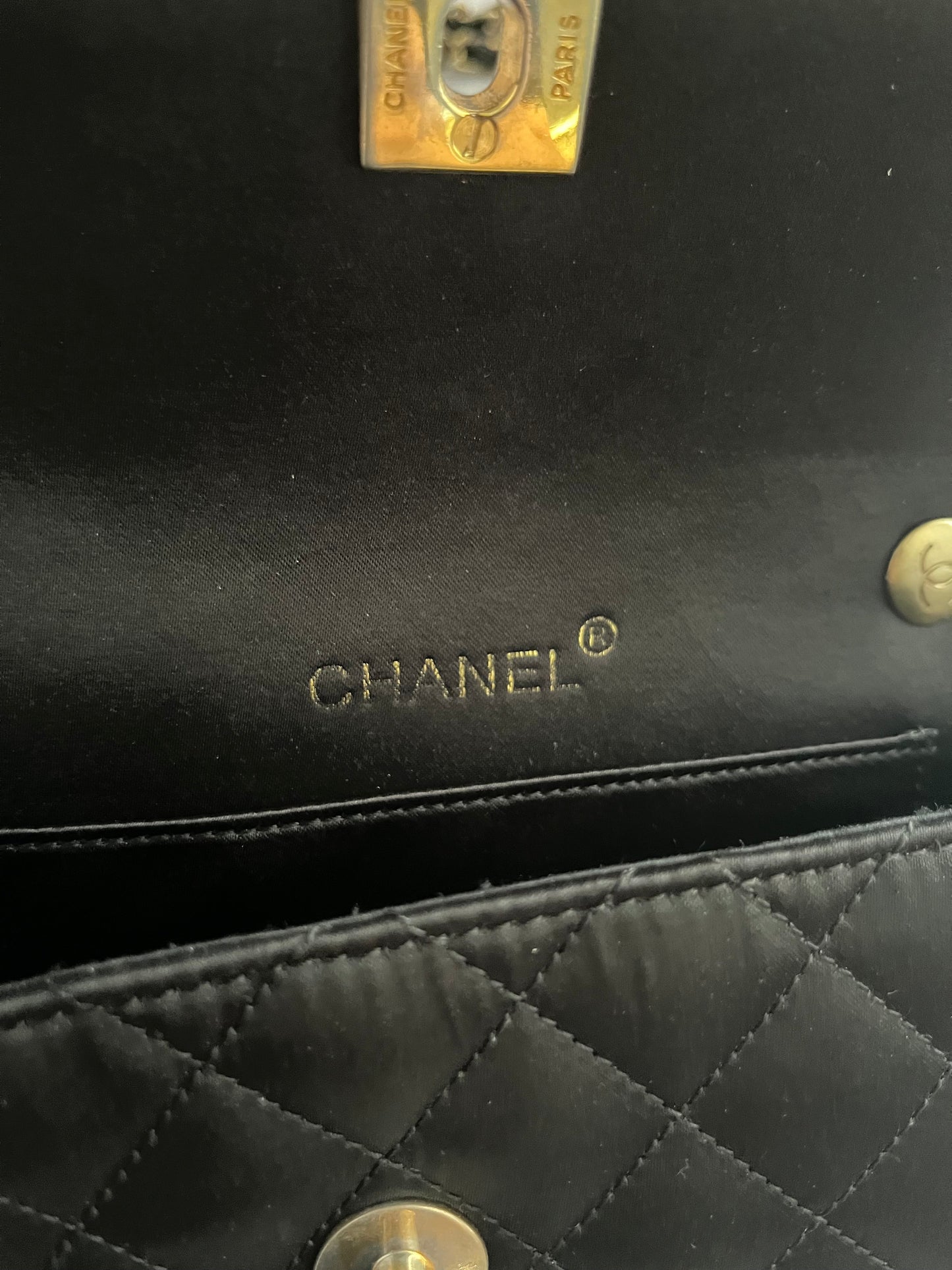 Chanel classic flap mini black satin gold hardware shoulder bag