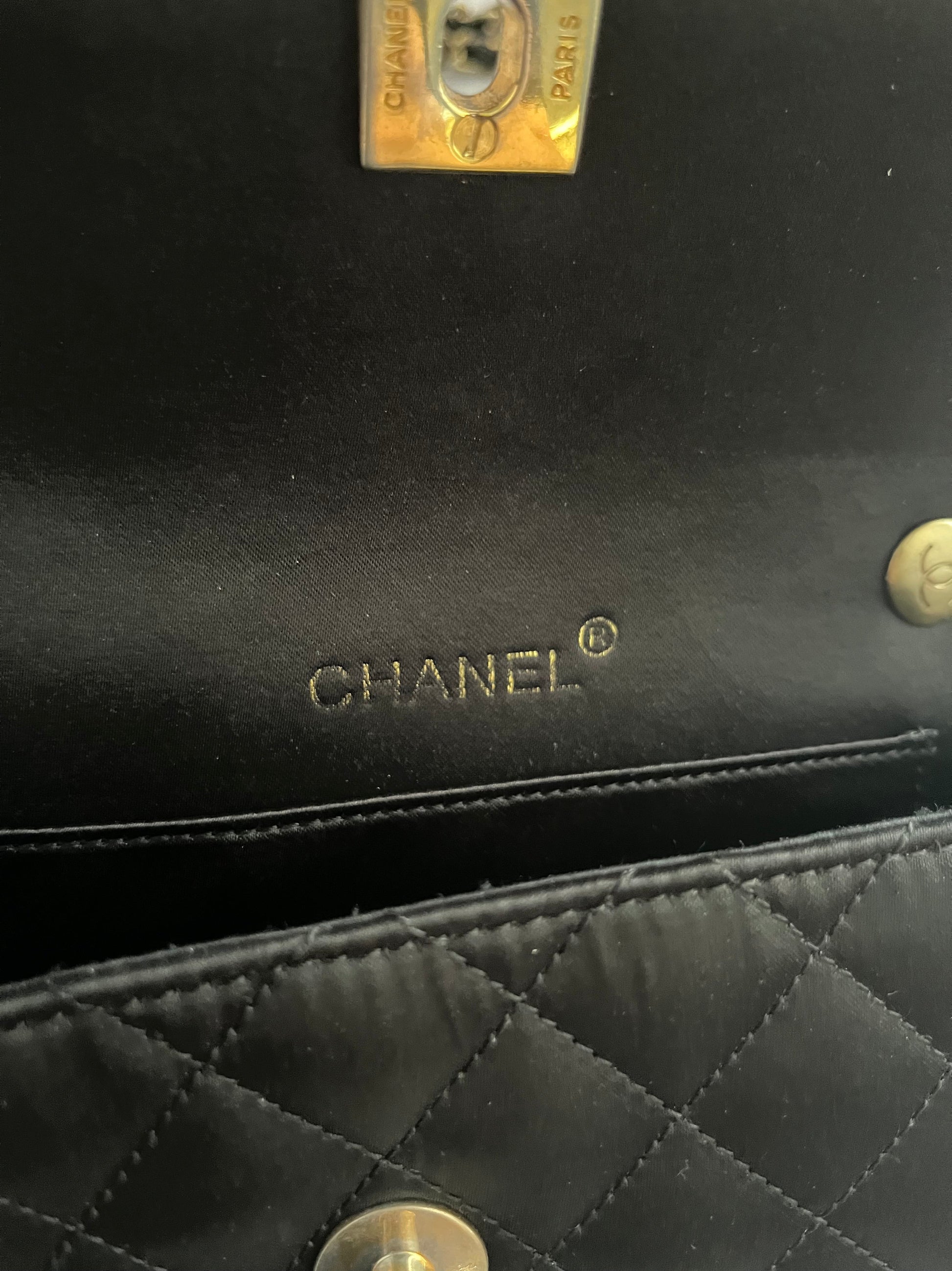 Chanel classic flap mini black satin gold hardware shoulder bag