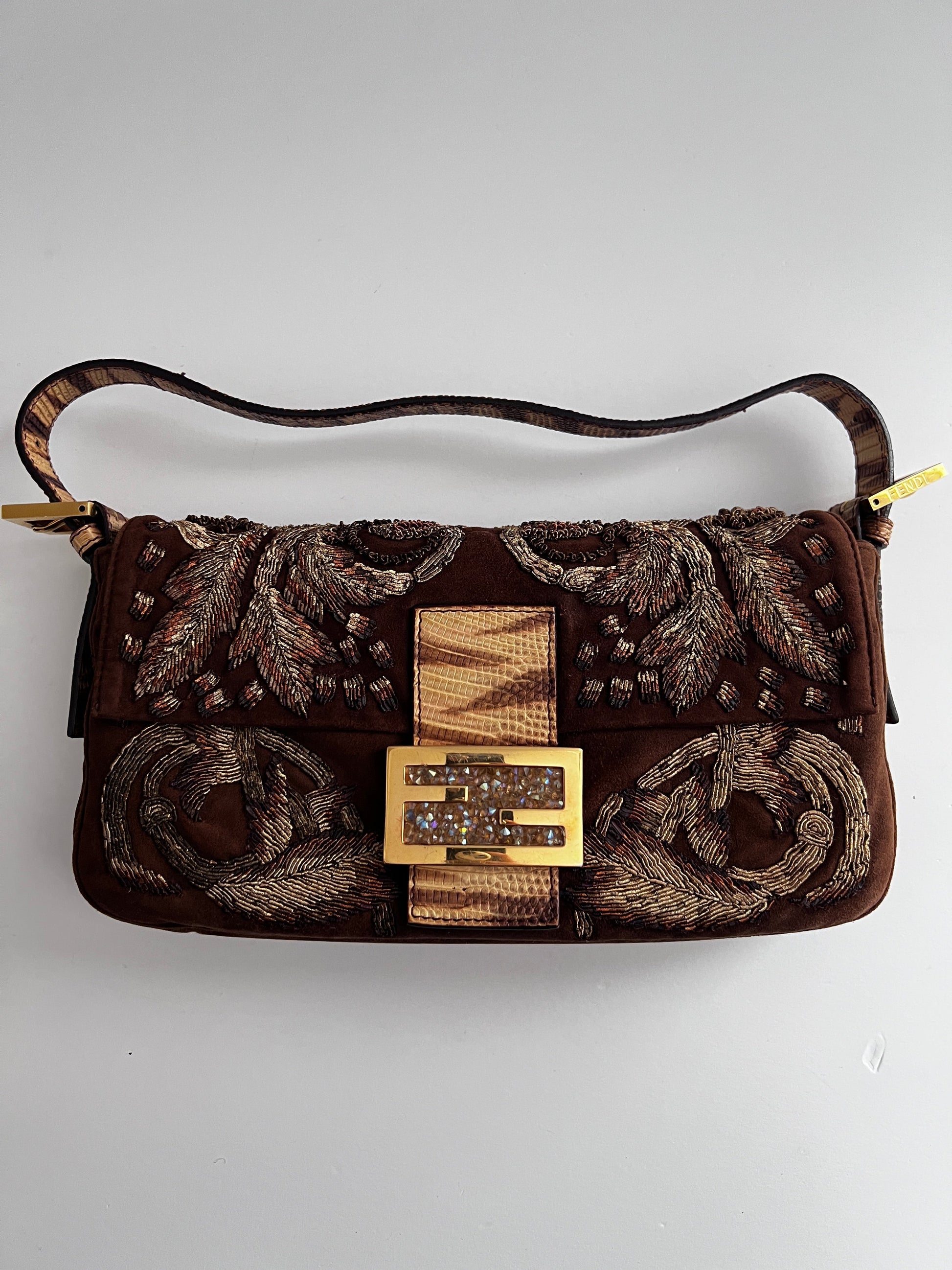 Fendi embroidered brown suede baguette