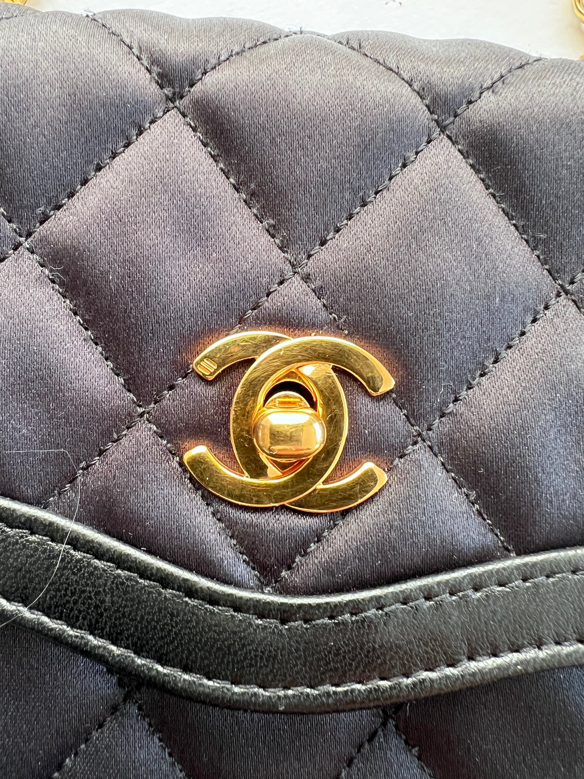 Vintage Chanel satin & leather flap bag with card holder