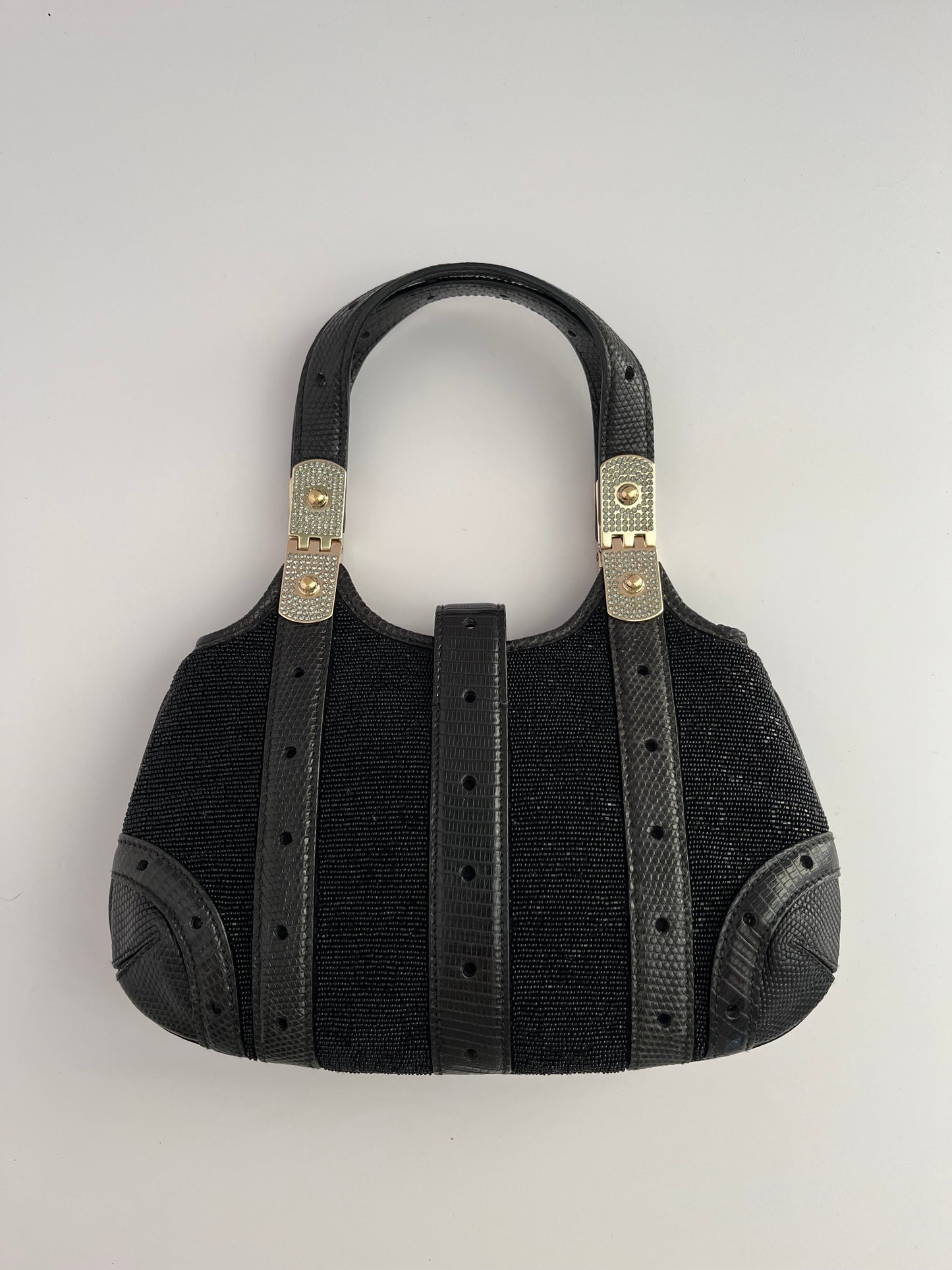 Gucci black leather glitter rhinestones gold hardware handbag