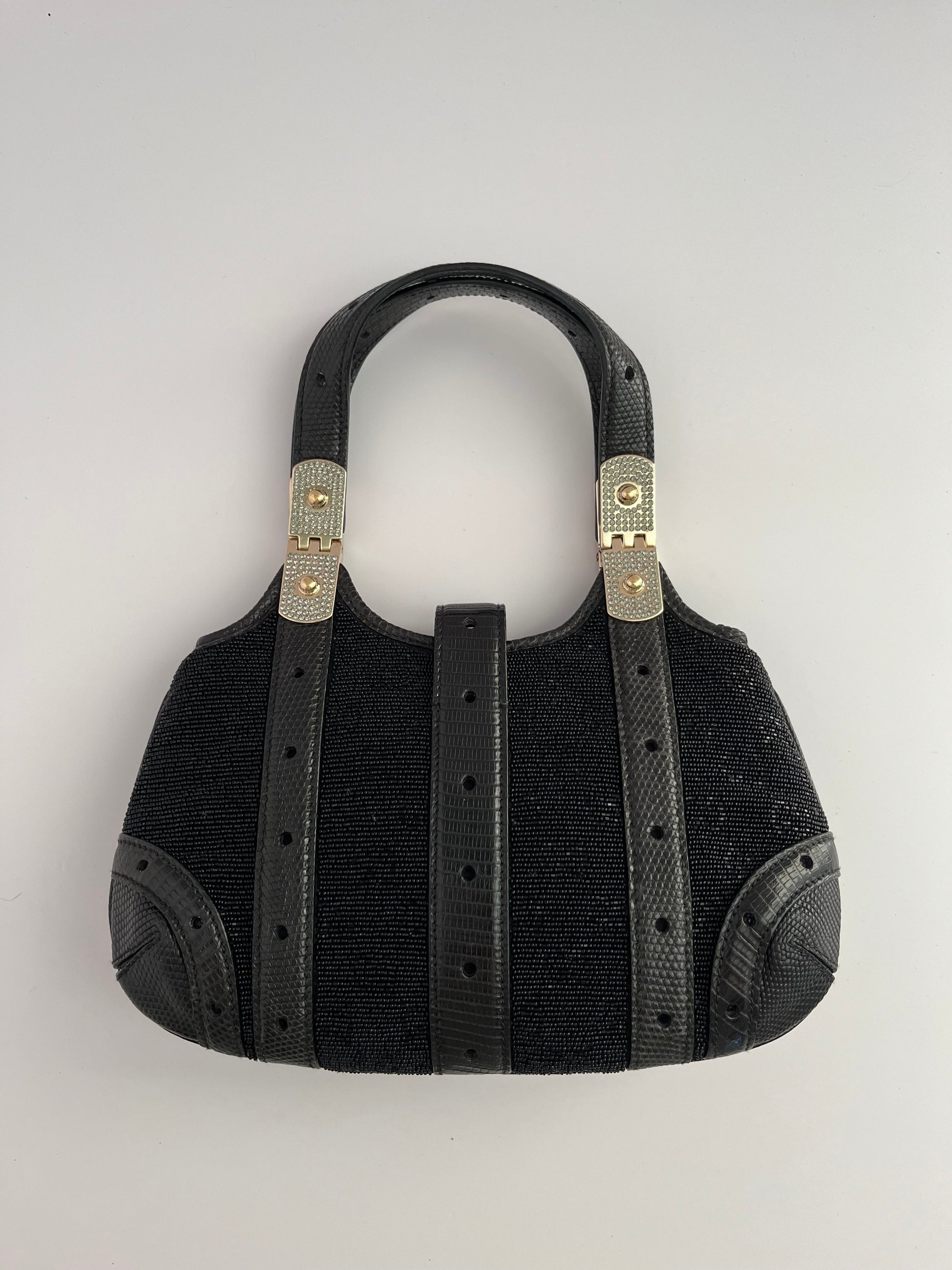 Gucci black leather glitter rhinestones gold hardware handbag