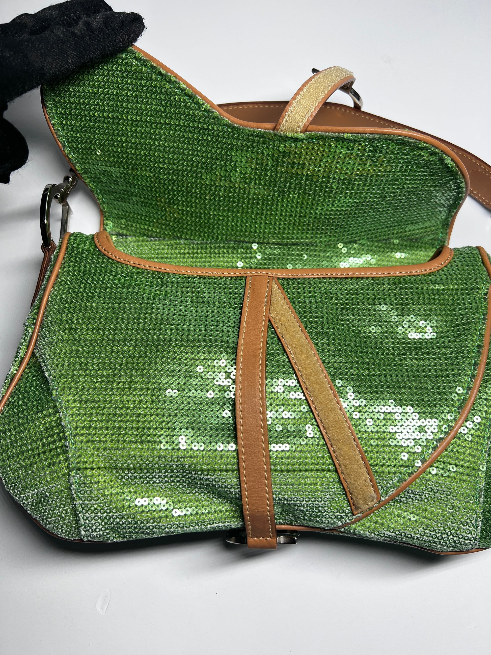 Ultra rare Dior green sequin double saddle bag