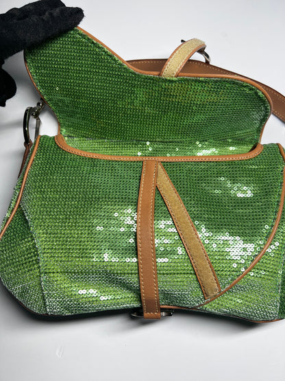 Ultra rare Dior green sequin double saddle bag