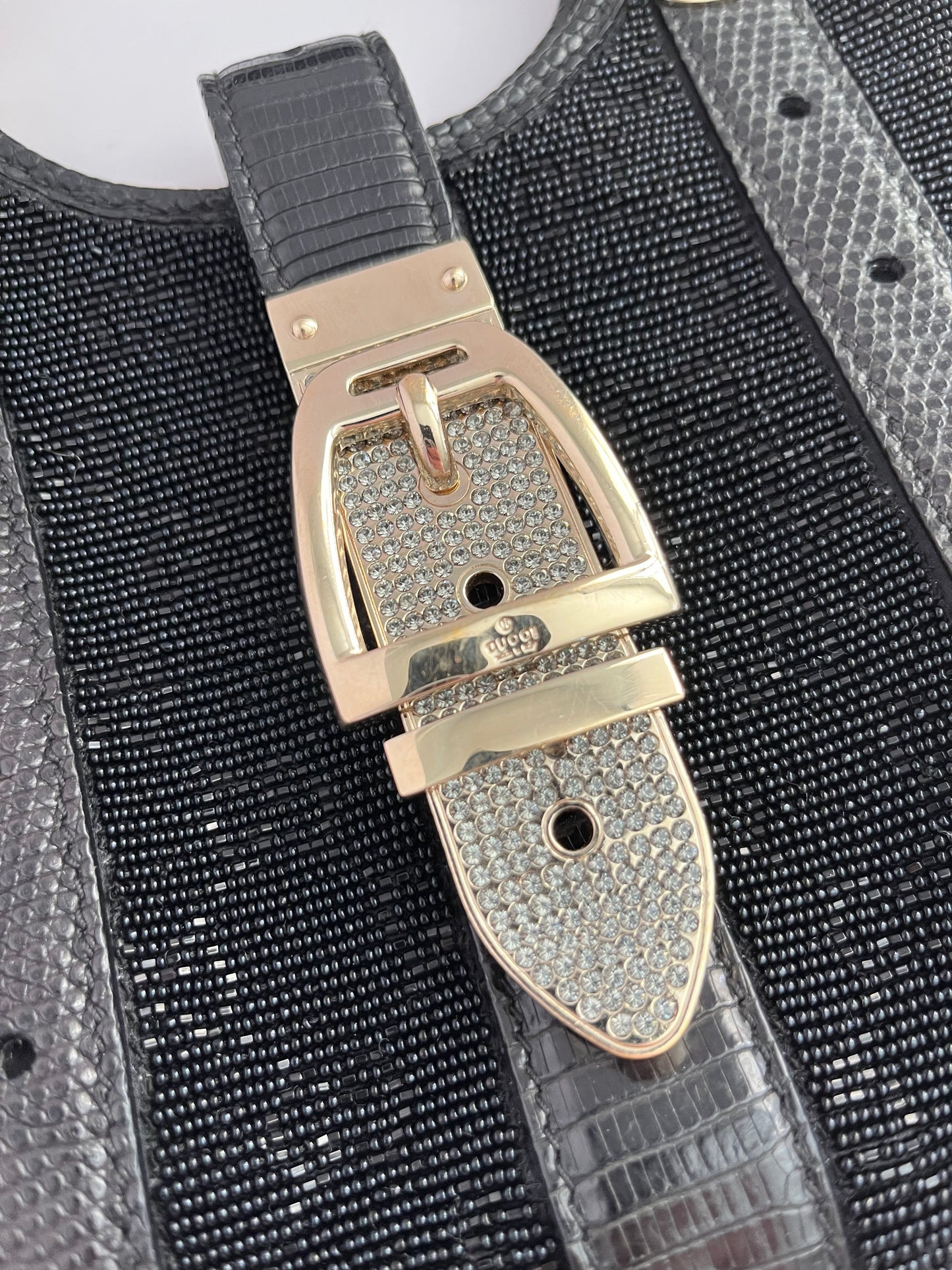 Gucci black leather glitter rhinestones gold hardware handbag