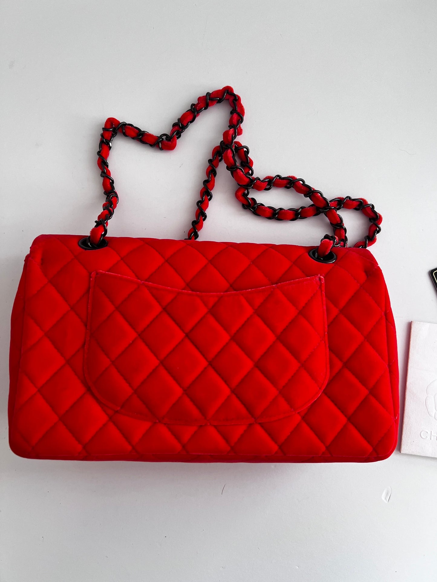 Chanel orange velvet double flap bag medium size