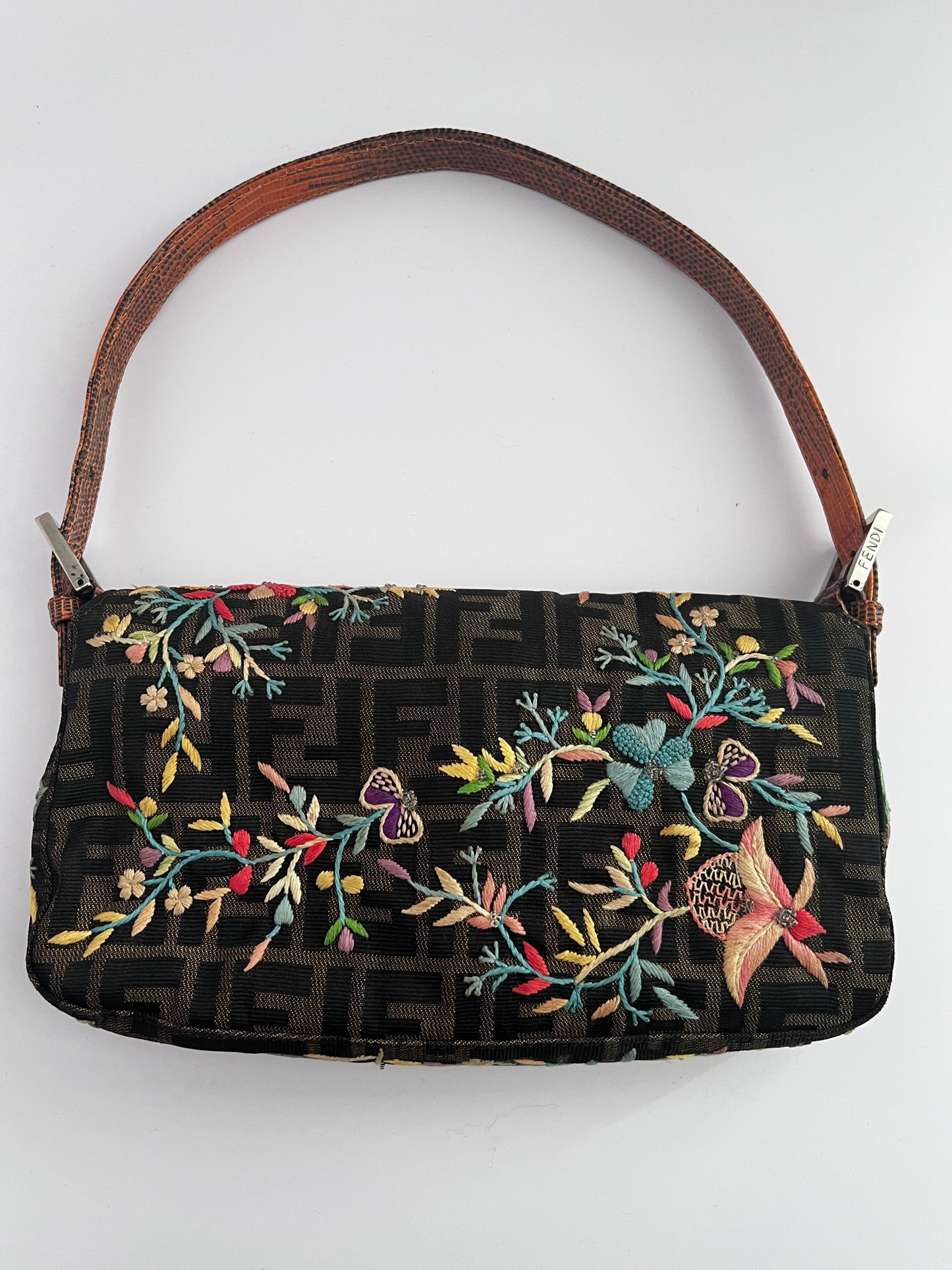 Vintage Fendi embroidered lizard skin trimmed zucca baguette