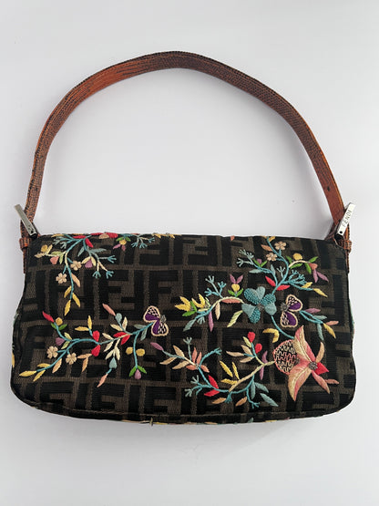 Vintage Fendi embroidered lizard skin trimmed zucca baguette