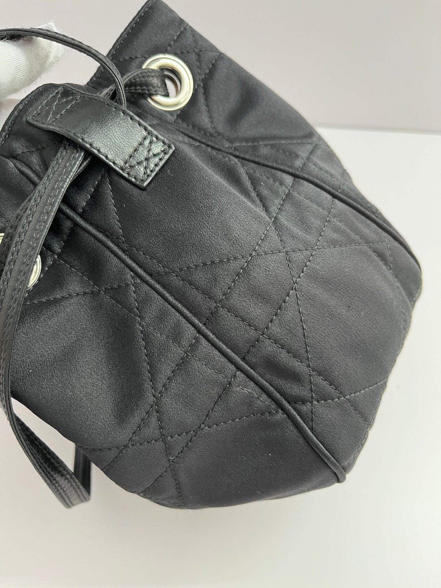 Dior black satin silver rhinestones hardware bucket shoulder bag