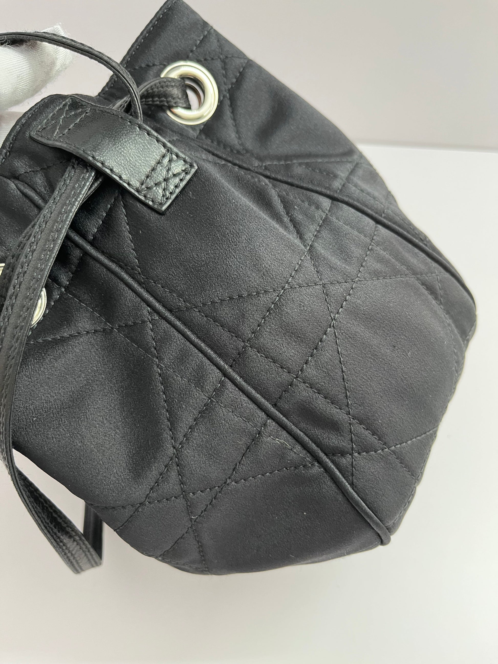 Dior black satin silver rhinestones hardware bucket shoulder bag