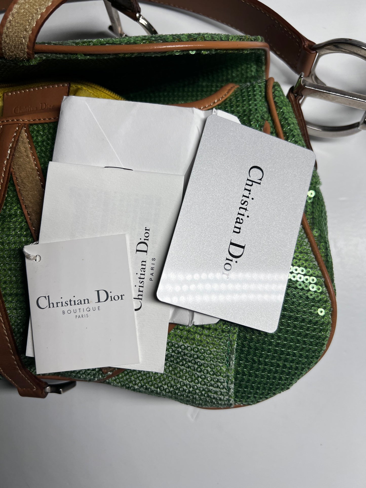 Ultra rare Dior green sequin double saddle bag