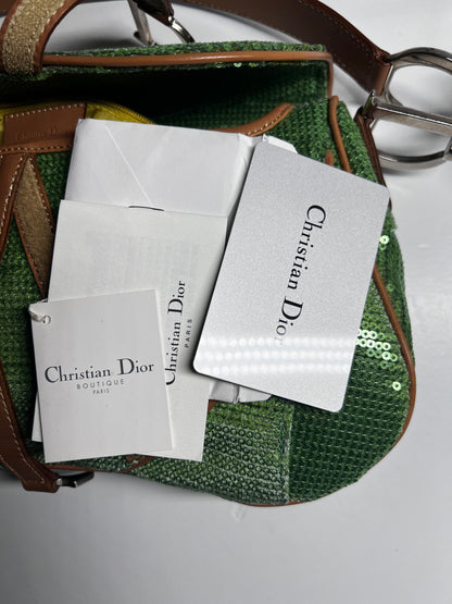 Ultra rare Dior green sequin double saddle bag